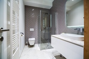 Shower, eco-friendly toiletries, hair dryer, towels