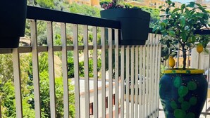 Ein Balkon mit Geländer, einem Blumentopf mit einem Kaktus und Blick auf Gebäude im Hintergrund.