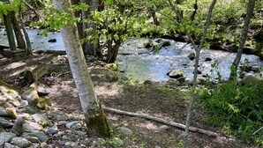 Eine Holzterrasse mit einem steinigen Flussbett im Hintergrund.