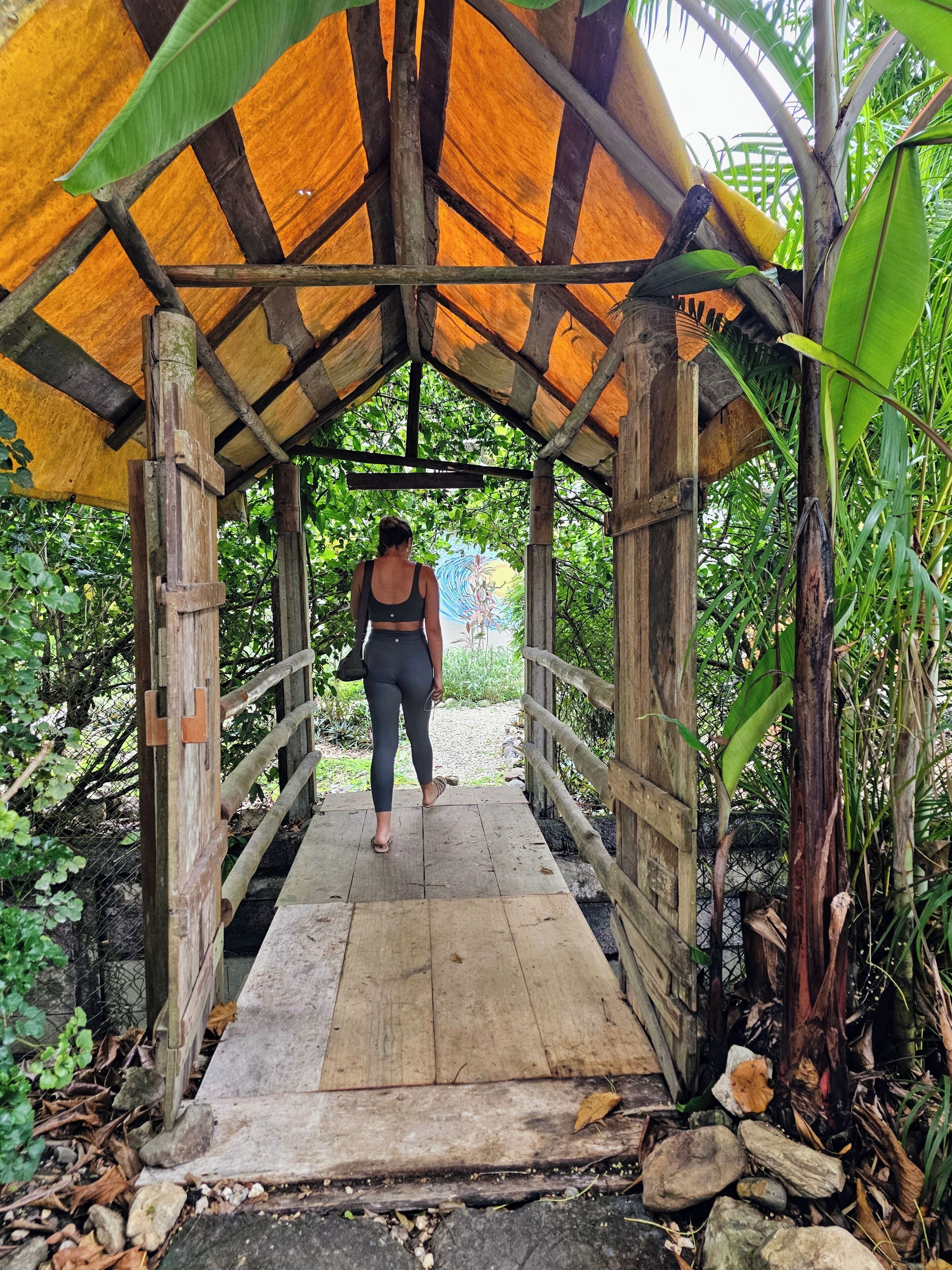A wooden pedestrian bridge with a thatched roof, surrounded by lush greenery.