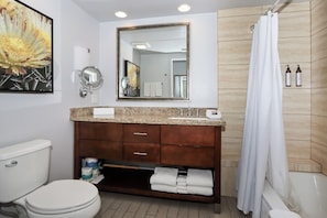Hair dryer, towels, soap, shampoo