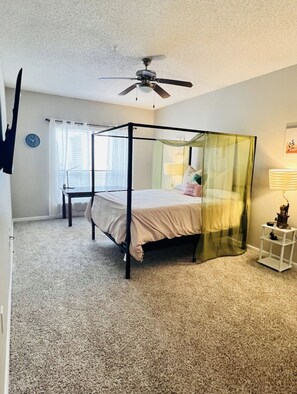1 bedroom, desk, iron/ironing board, travel cot