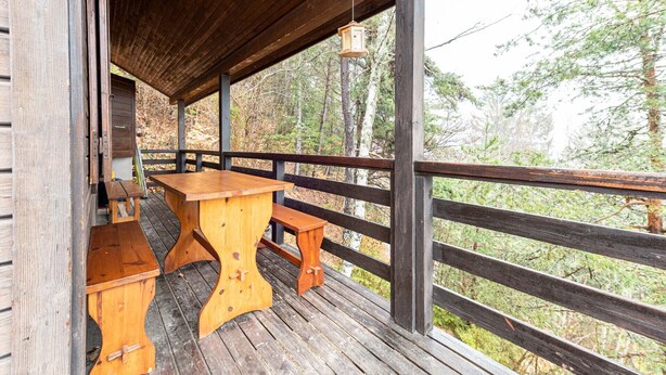Une terrasse en bois, agrémentée d’une table et de bancs, entourée d’une rambarde et offrant une vue sur une zone boisée.