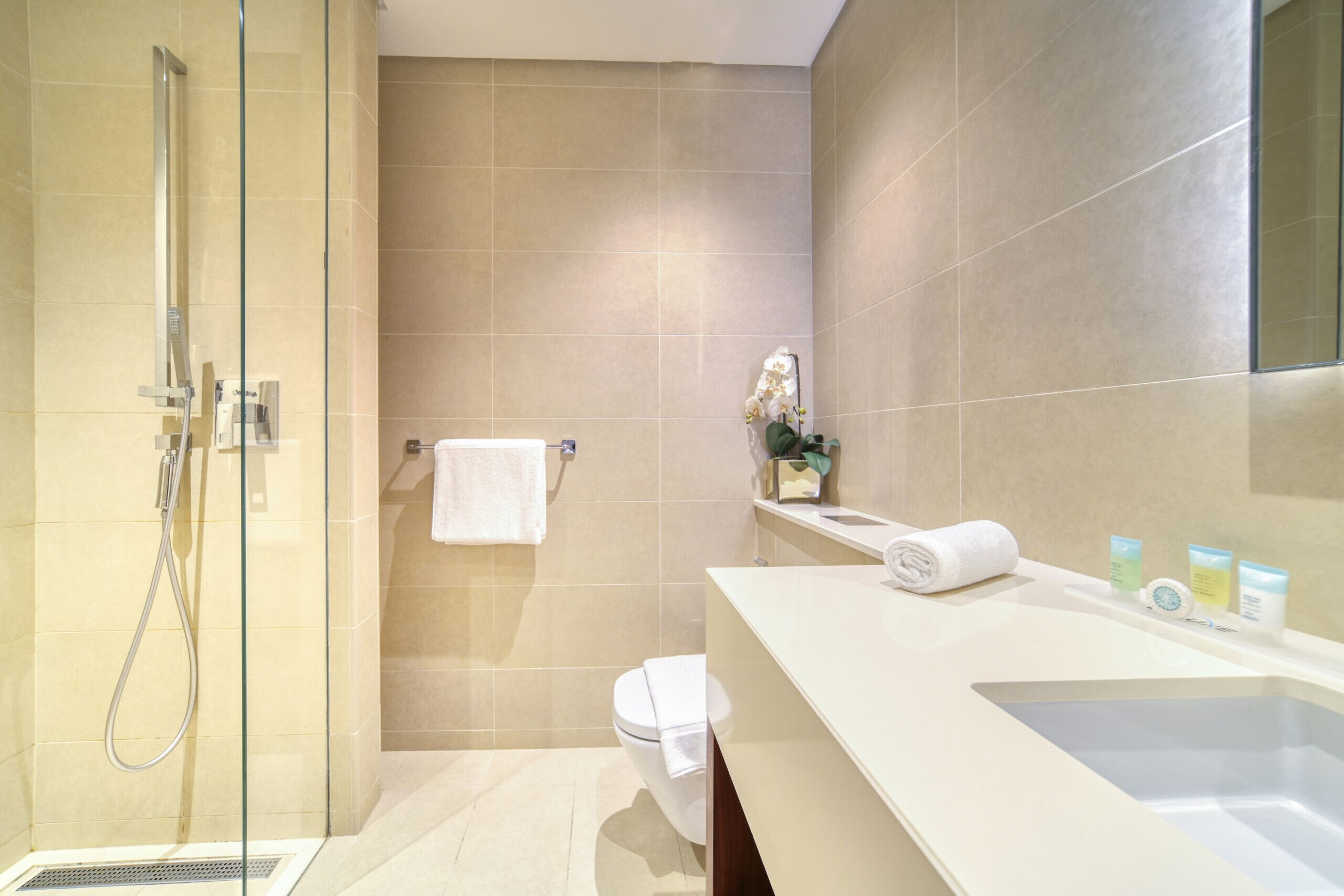 Un baño moderno con ducha de vidrio, lavamanos blanco con artículos de aseo y un inodoro.