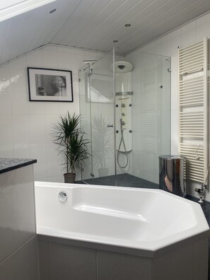 Shower, hair dryer, towels, toilet paper - Traumblick in die Natur (Hennef (Sieg))