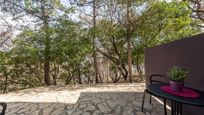 Un patio in pietra con tavolo e sedie, circondato da alberi.