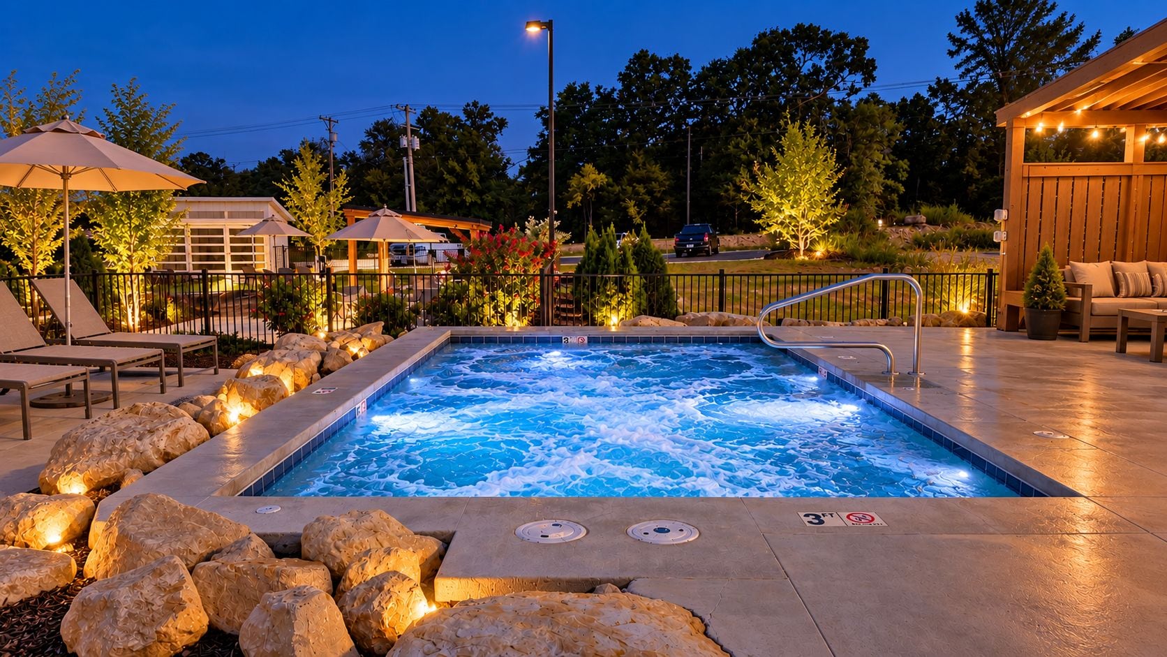 A heated outdoor swimming pool with lounge chairs and a wooden deck.