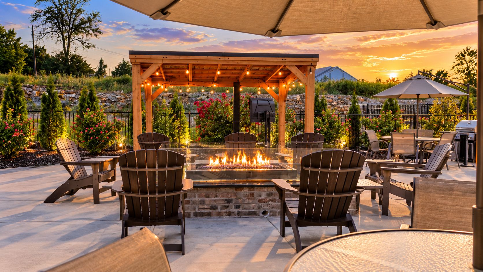 An outdoor patio with a fire pit, seating, and a pergola.