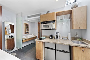 Enjoy a compact kitchenette with a microwave, toaster, and coffee maker, plus a large mirror and vanity with sink.