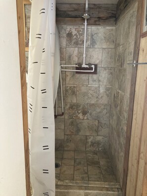 Shower, hair dryer, towels, toilet paper