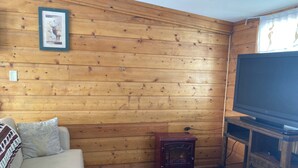 A room with wooden panel walls, a white sofa with patterned cushions, a vintage radio, and a television on a wooden stand. - Couple get away retreat in Red Feather Lakes!! (Red Feather Lakes)