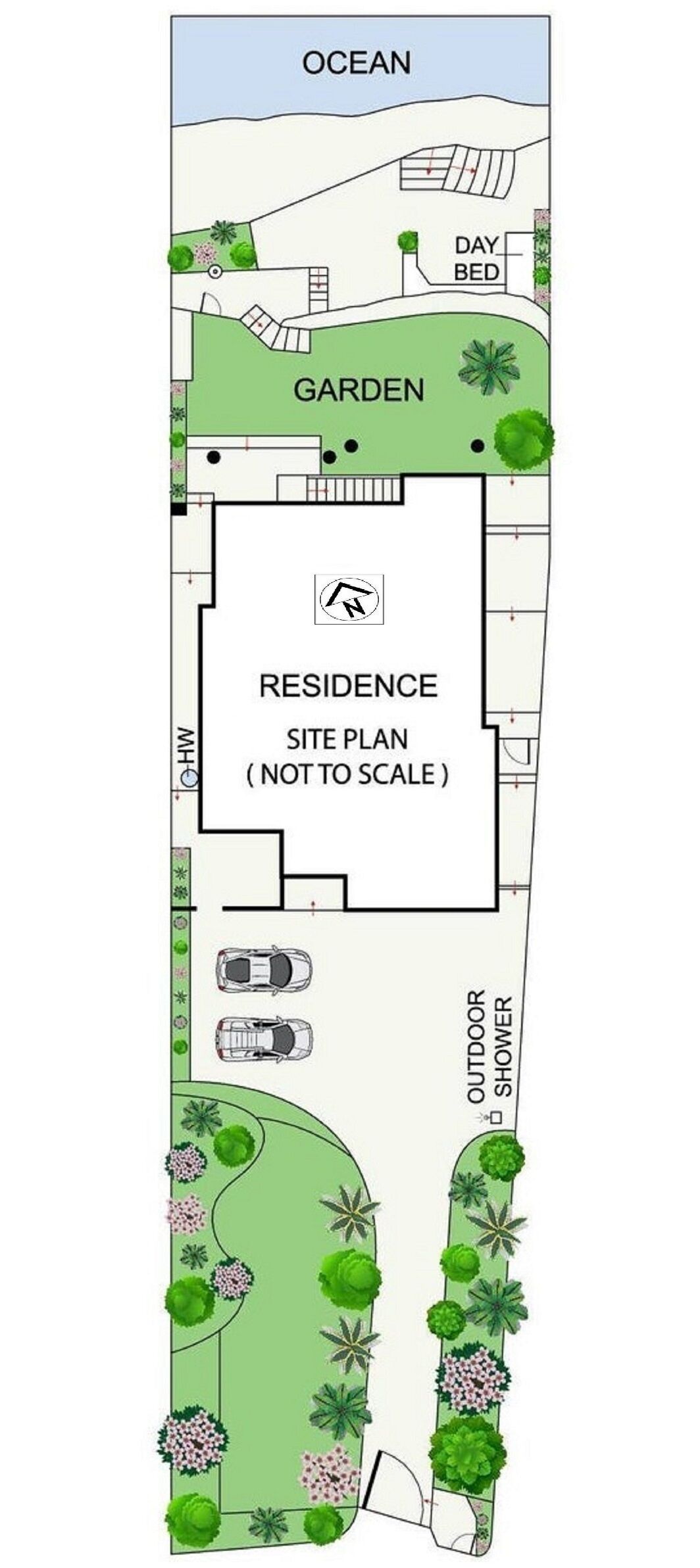A site plan of a residence with a garden, day bed, and outdoor shower.