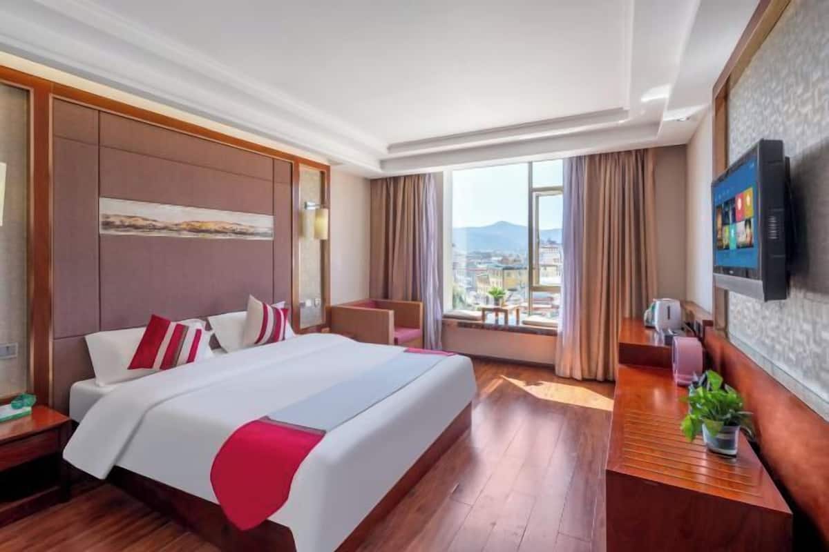 A hotel room with a large bed, a desk, a TV, and a window with a city view.