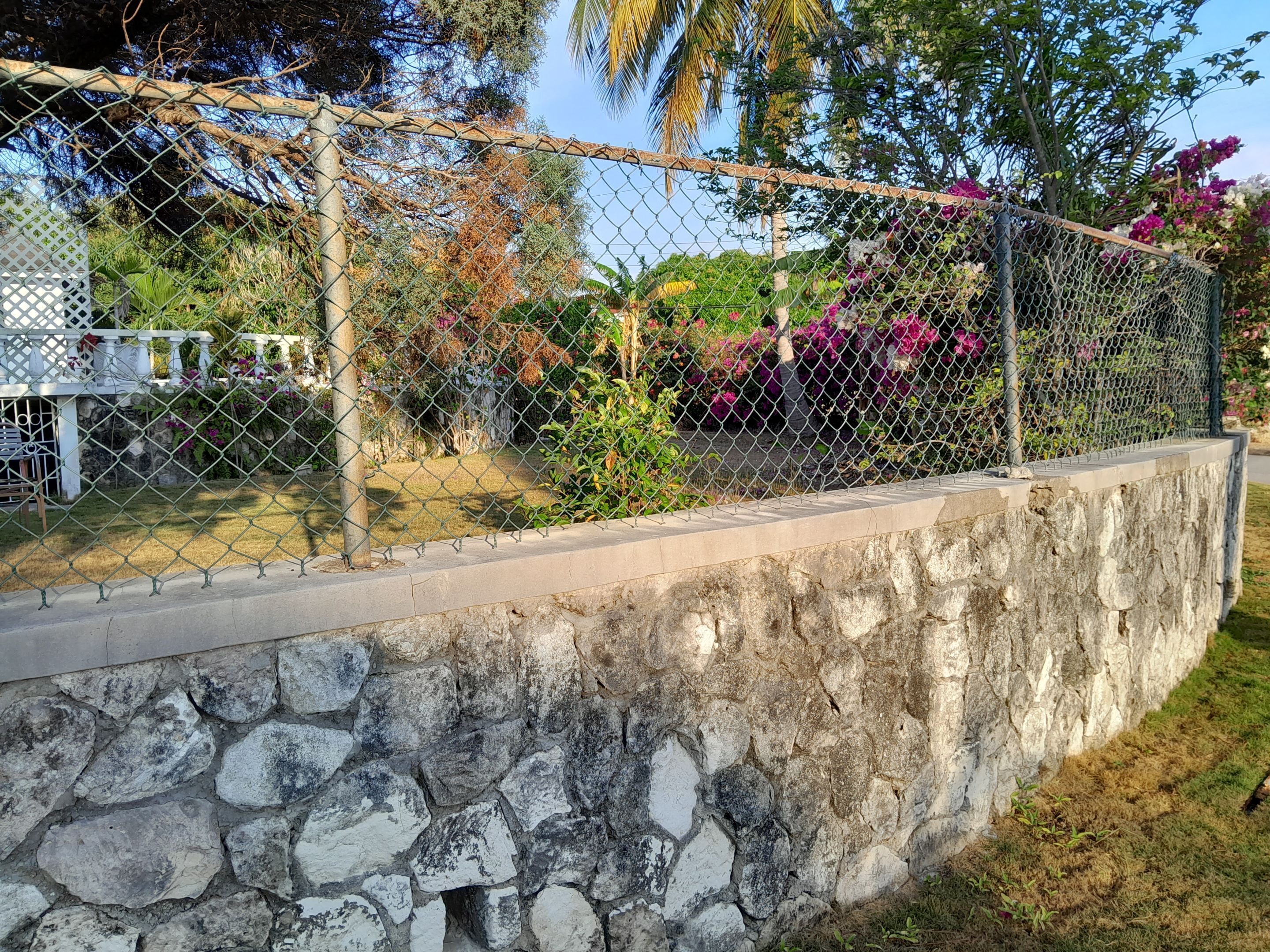 A stone wall with a chain-link fence, a white fence, and various plants and flowers.