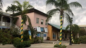 A building with a pink facade, a shop with a sign reading "BIRD SHACK," and palm trees in the foreground. - Villa Chinnor (Montego Bay)