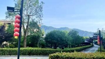 A pathway leading to a traditional gate with red lanterns, surrounded by greenery and a mountain backdrop.