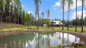 En dam omgiven av träd, en stuga byggd av trä och en gräsyta.