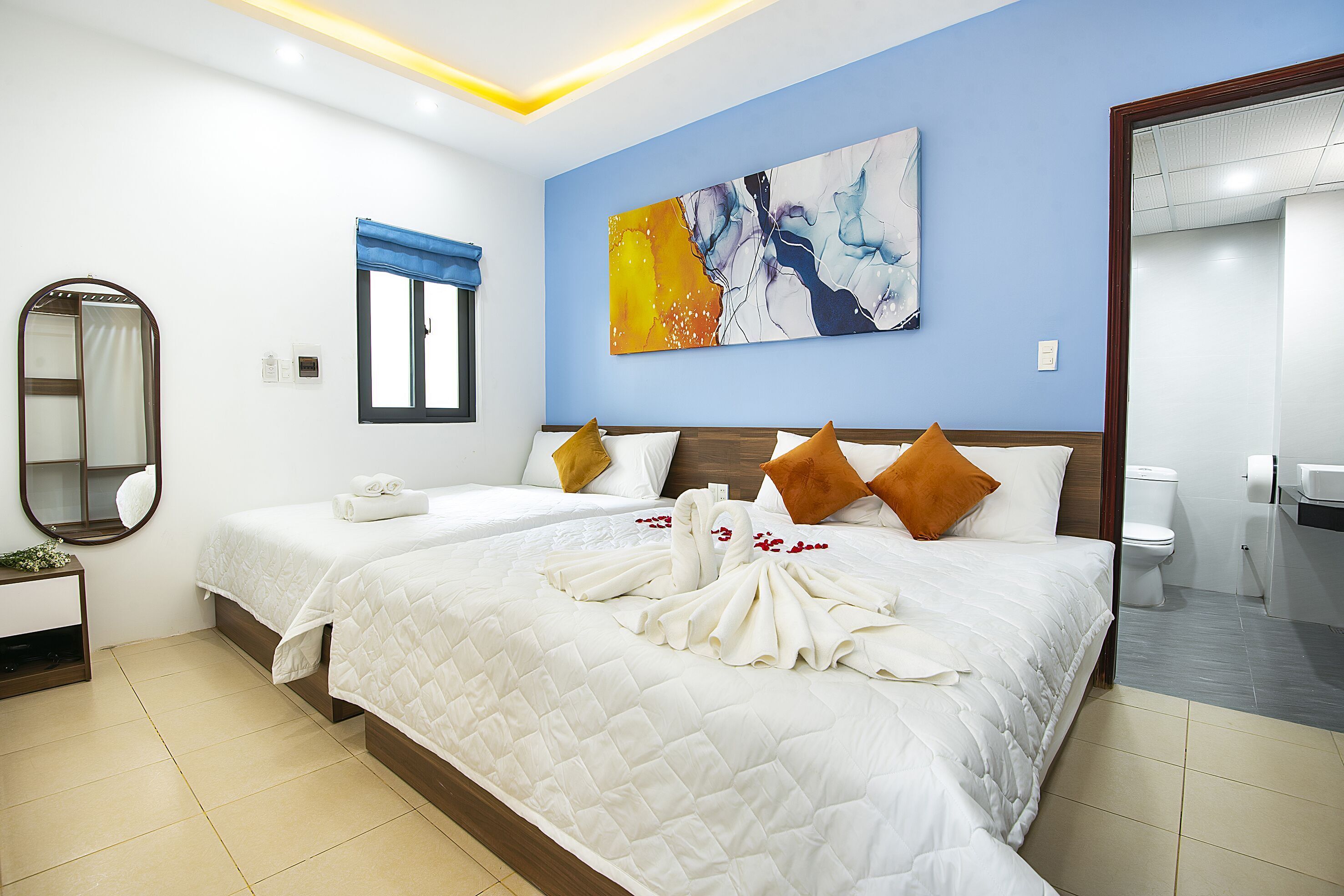 Premium bedding, memory foam beds, minibar, desk