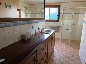 Shower, jetted bath, hair dryer, towels