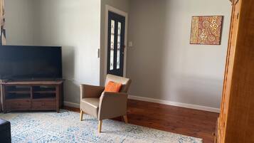 Smart TV, fireplace, books