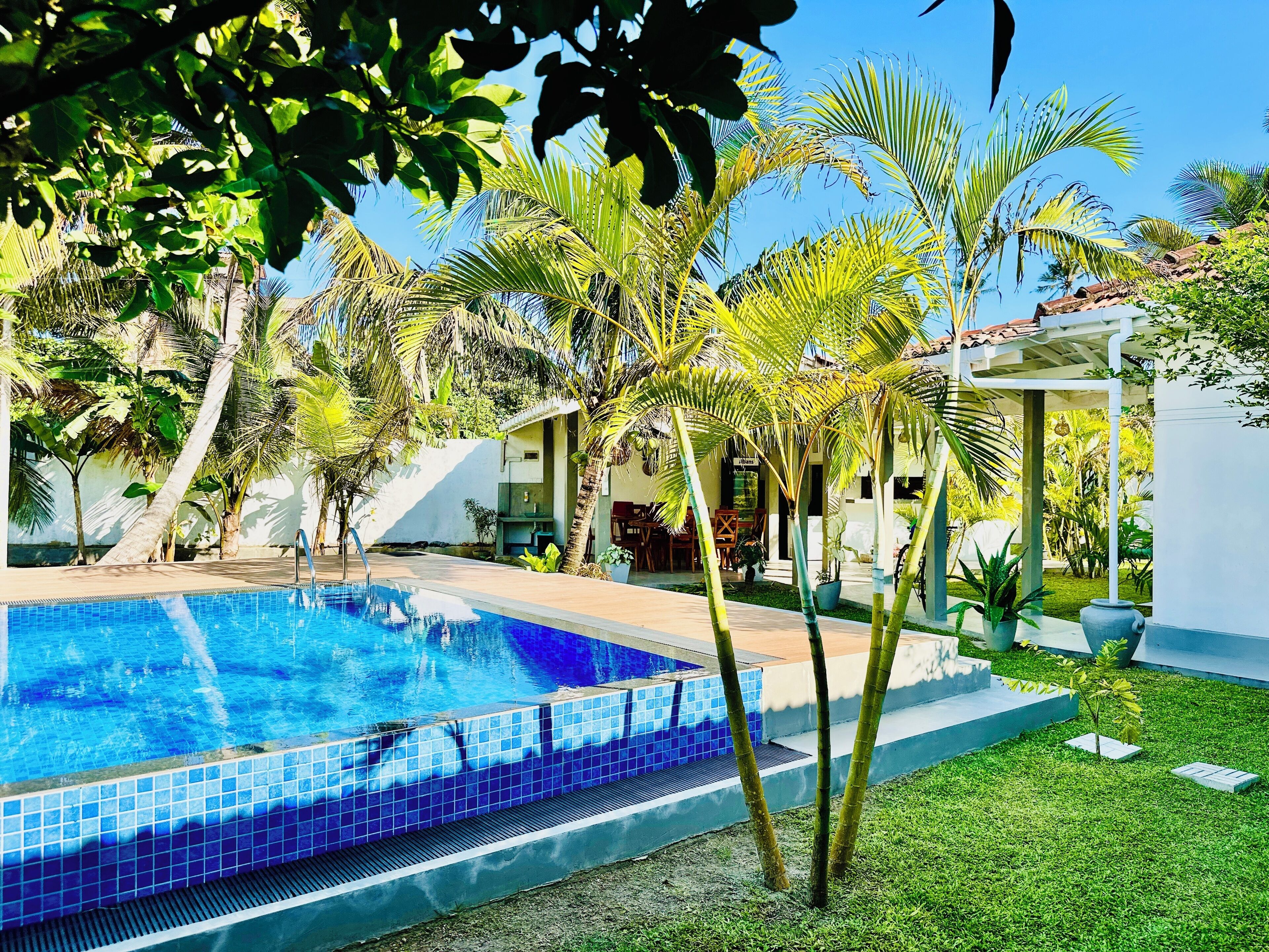 Outdoor pool, pool umbrellas, pool loungers