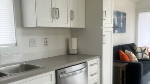 A modern kitchen with white cabinets, a stainless steel dishwasher, and a built-in oven.