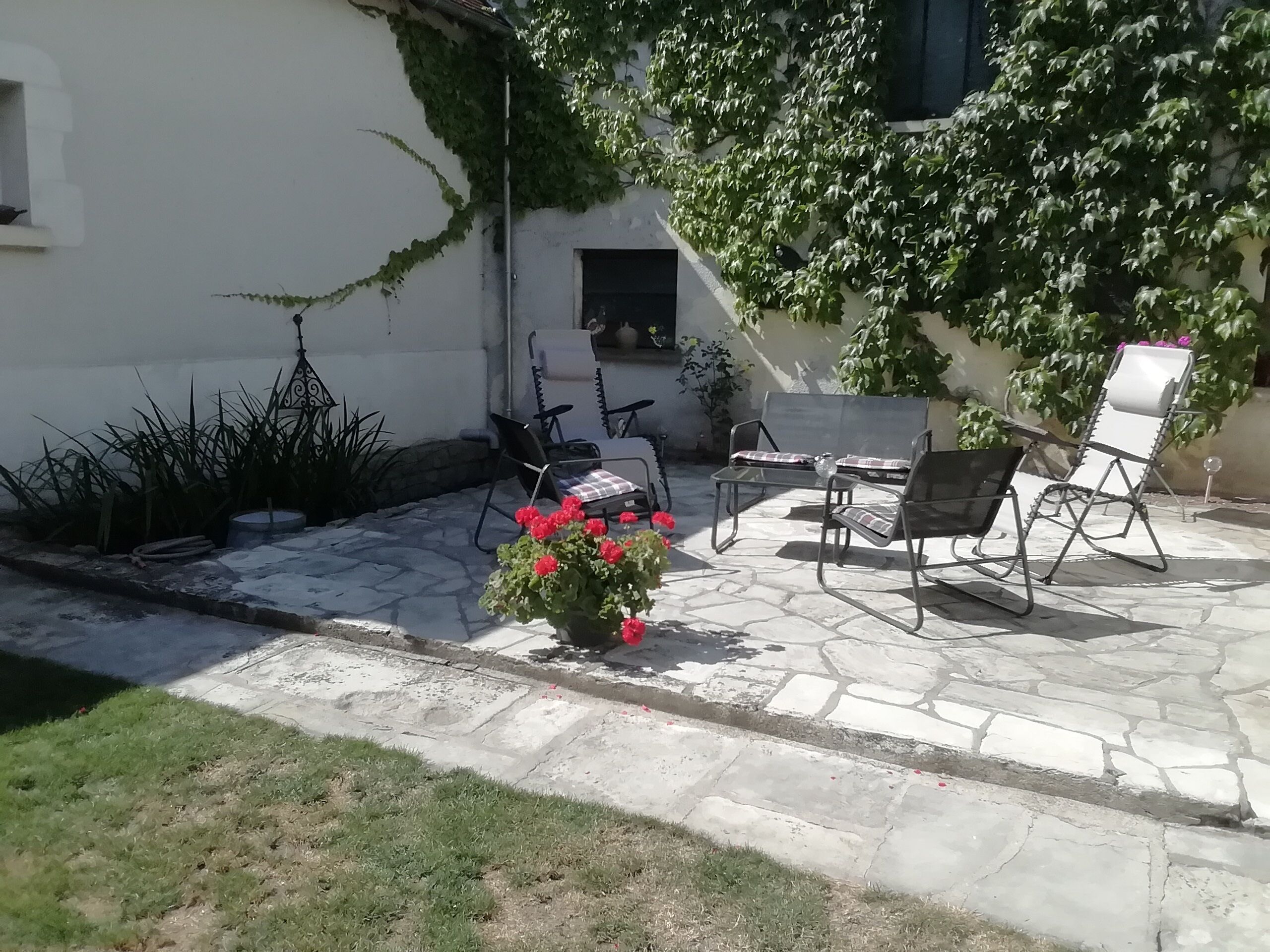 Un patio con pavimento in pietra, mobili da esterno e una pianta in vaso con fiori rossi.