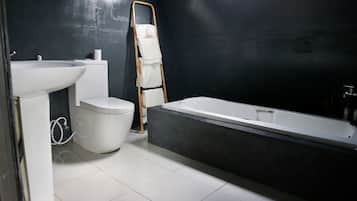 Hair dryer, bidet, towels, soap