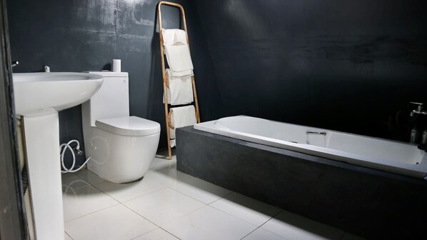 Hair dryer, bidet, towels, soap