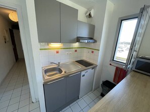 A compact kitchen with grey cabinets, a stainless steel sink, a microwave, and a window with a view. - Studio cabin for 4, near the beach, pets allowed - Saint-Cyprien (Saint-Cyprien)