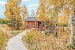Un rustico chalet con veranda in legno e un sentiero che vi conduce, immerso tra alberi con foglie autunnali.