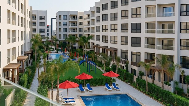 A modern hotel with a swimming pool, sun loungers, and red umbrellas.