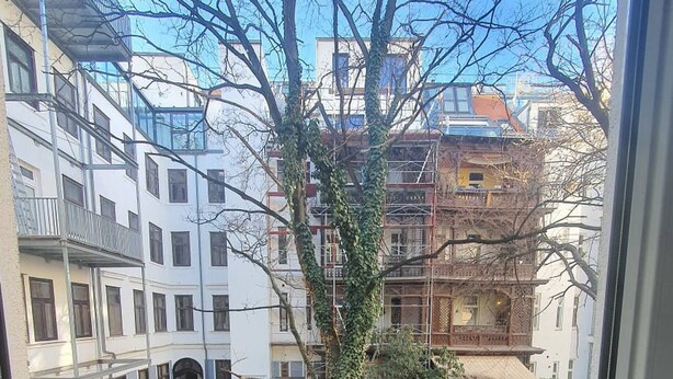 Ein Innenhof mit Baum, Backsteinmauer und Metallzaun.