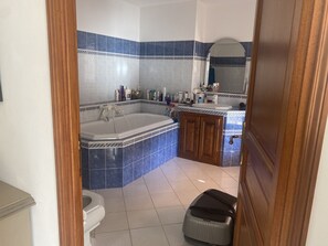 Hair dryer, bidet, towels, soap