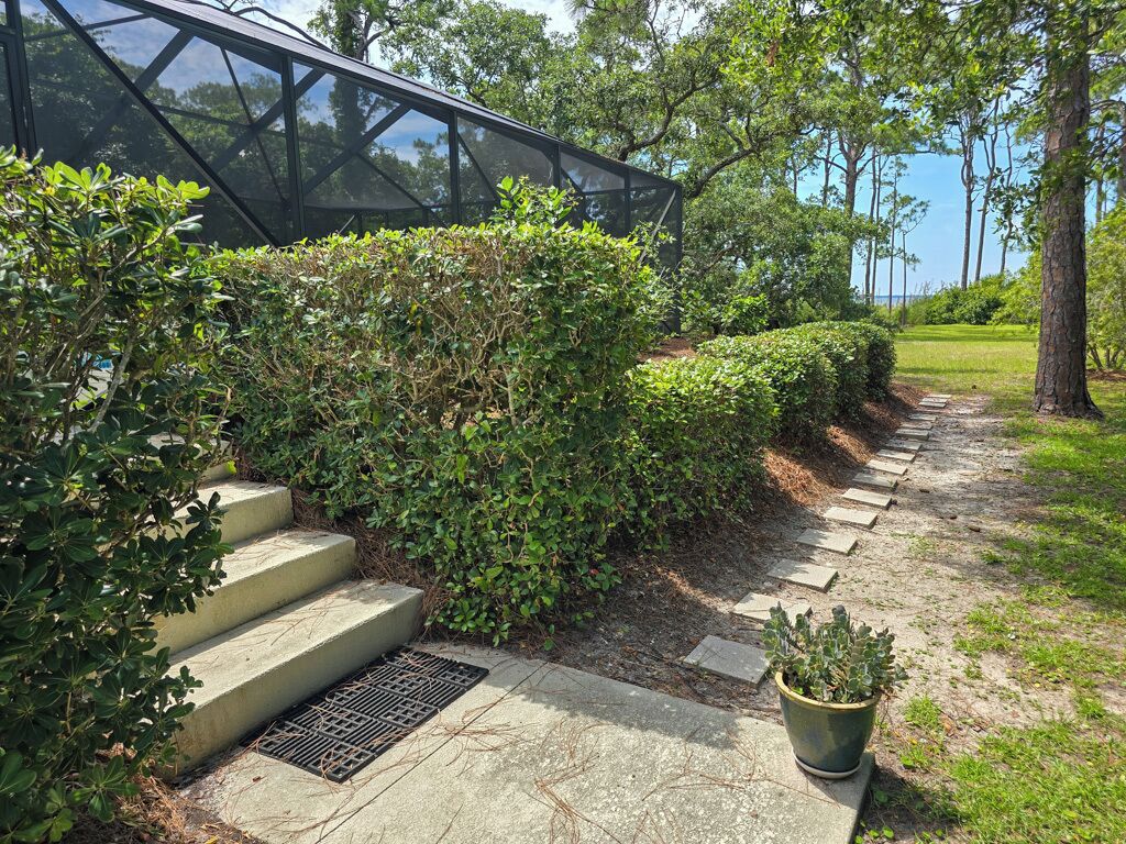 A pathway leading to a modern building with a glass facade, surrounded by well-maintained greenery and a clear view of the sky.