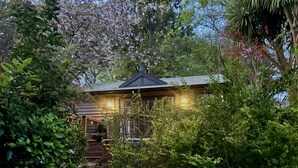 A house with a dark roof, surrounded by lush greenery and flowering trees.