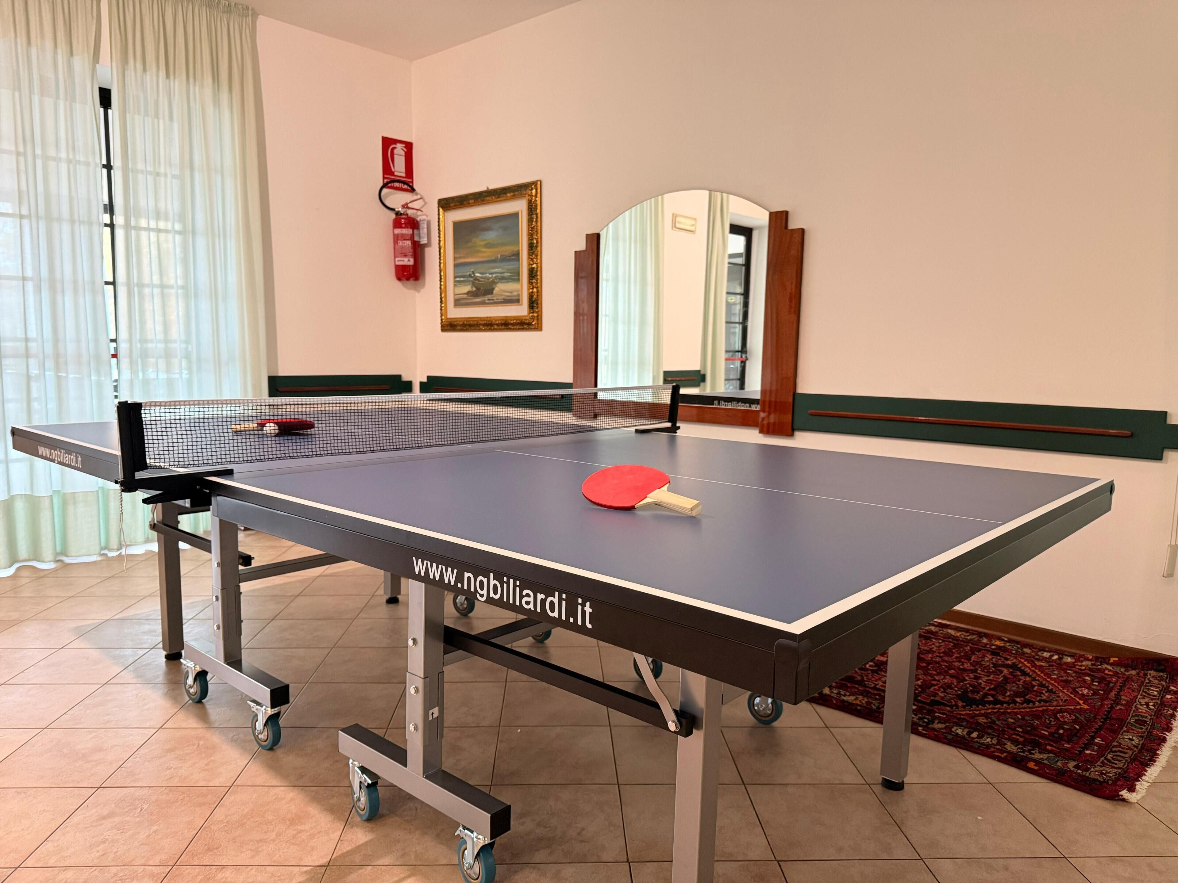 A ping pong table with a red paddle, a fire extinguisher, and a framed picture on the wall.