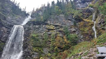 A waterfall cascading down a rocky cliff surrounded by dense forest.