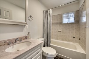 Hair dryer, towels, soap, toilet paper