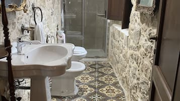 Shower, hair dryer, bidet, towels