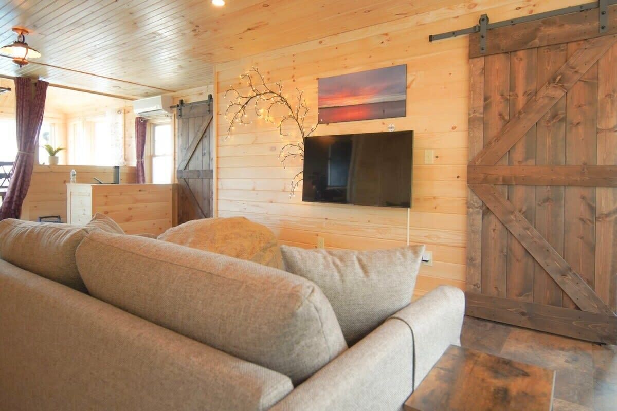 Tv, eldstad, böcker och kontor