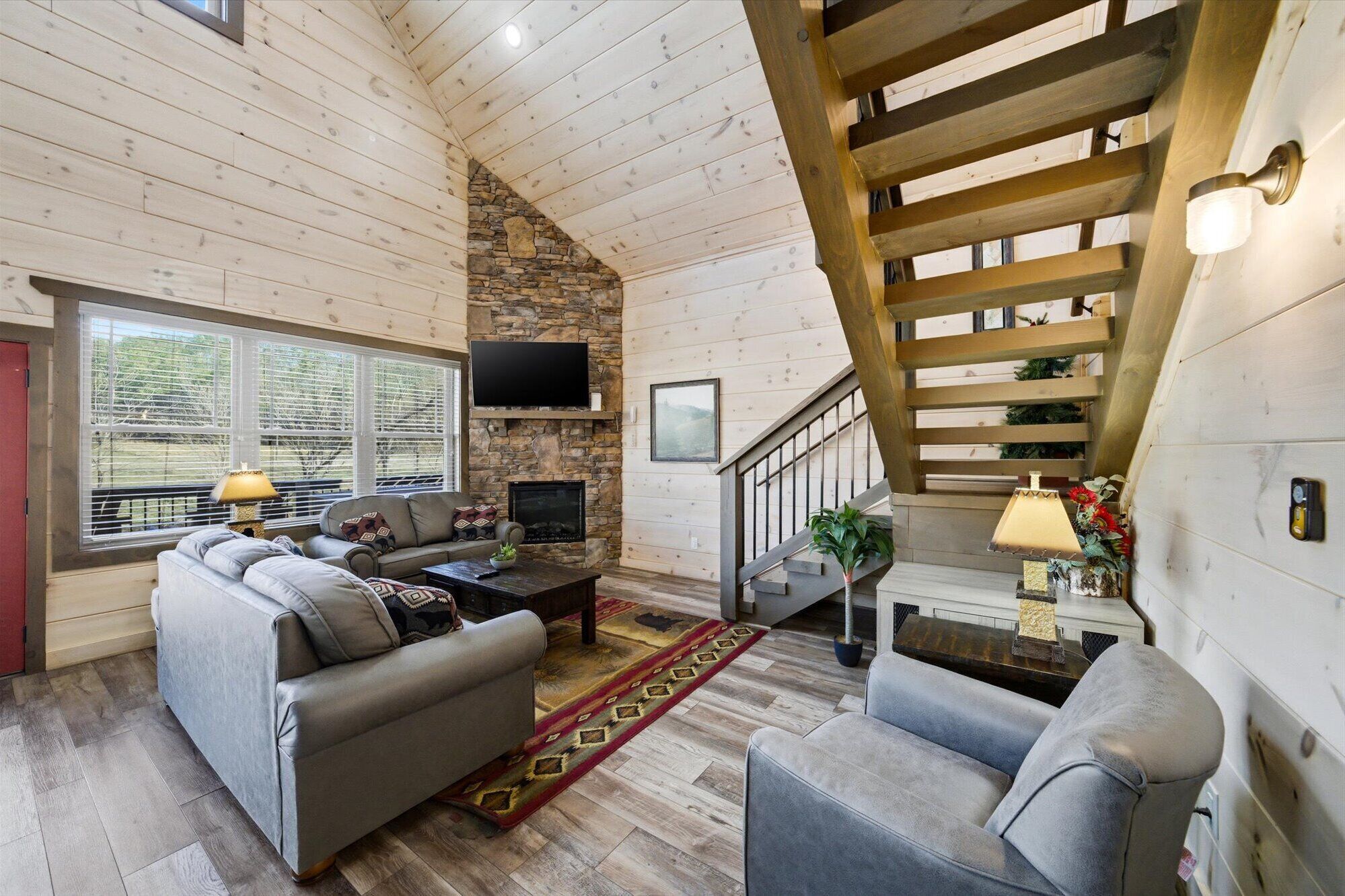 Cabin, Multiple Beds, Hot Tub | Living area | 50-inch flat-screen TV with digital channels, TV, fireplace