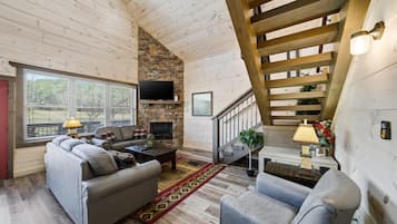 Cabin, Multiple Beds, Hot Tub | Living area | 50-inch flat-screen TV with digital channels, TV, fireplace