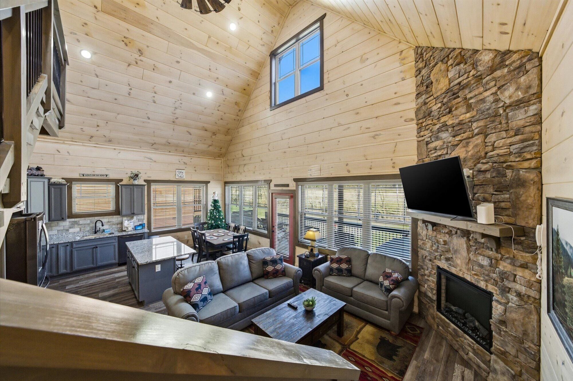 Cabin, Multiple Beds, Hot Tub | Living area | 50-inch flat-screen TV with digital channels, TV, fireplace