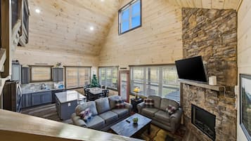 Cabin, Multiple Beds, Hot Tub | Living area | 50-inch flat-screen TV with digital channels, TV, fireplace