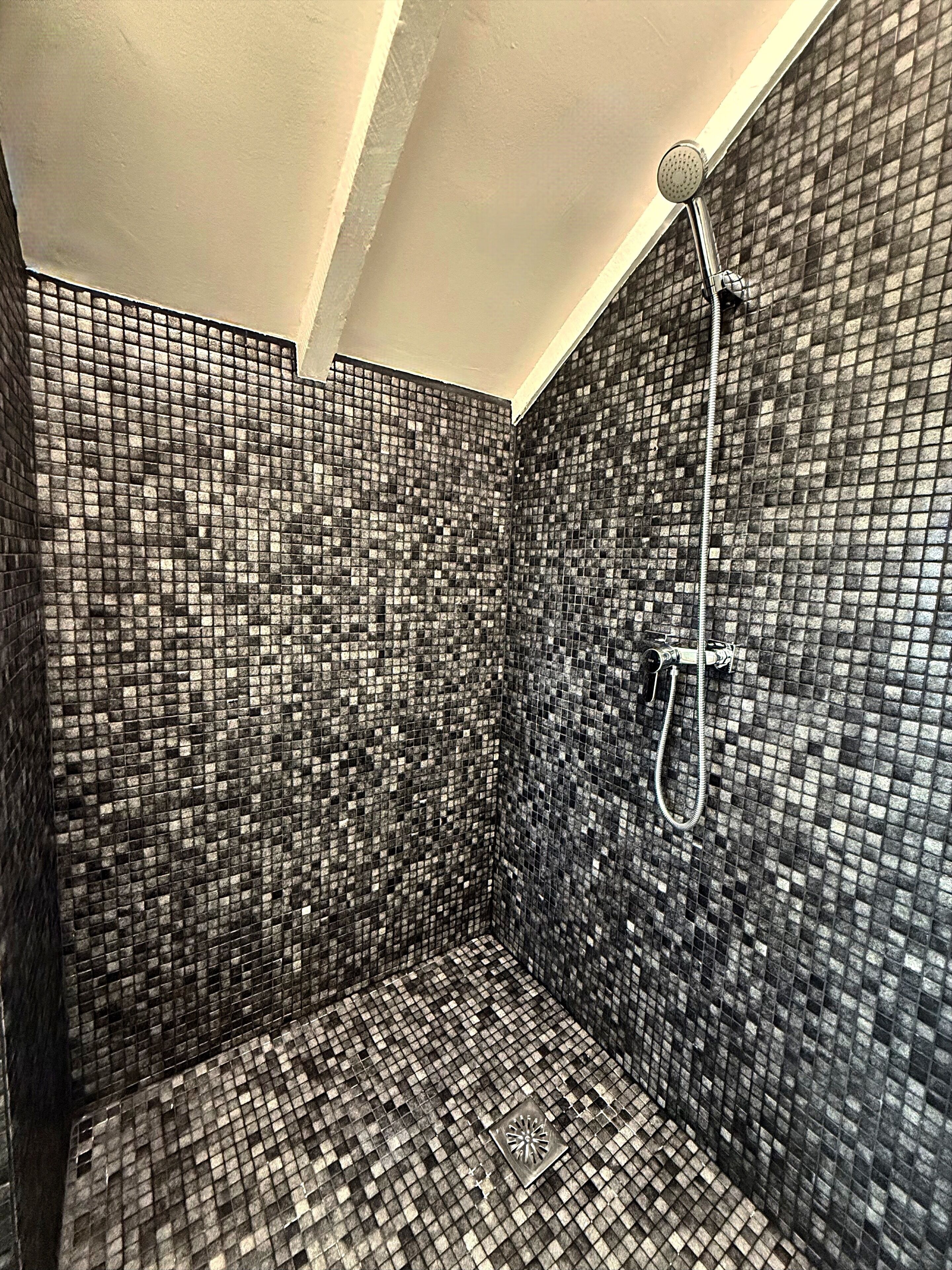 Eine Dusche mit Wänden und Boden aus Mosaikfliesen, einem Handbrausekopf und einem Ablauf in der Mitte.