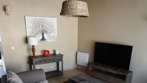A modern living room with a grey sofa, a flat-screen TV, a woven light fixture, and a framed picture on the wall.