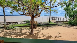 Una zona de playa arenosa con un árbol, un muelle de madera y vista a una masa de agua tranquila.