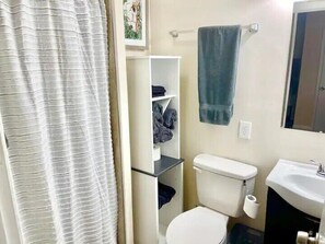 Secador de cabelo, toalhas de banho