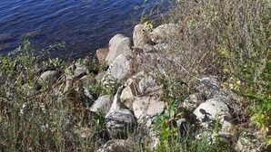 A rocky shoreline with clear blue water and distant land.
